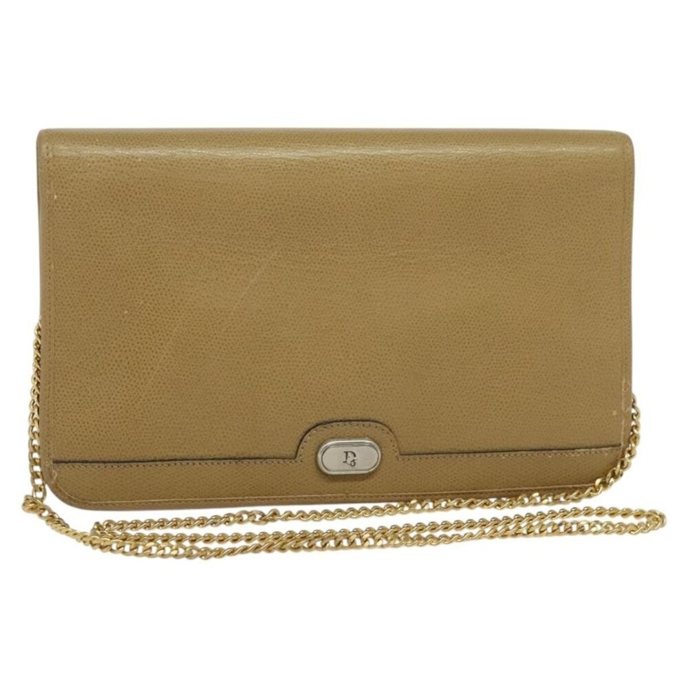 Authentic Christian Dior Chain Shoulder Bag Leather Beige Gold